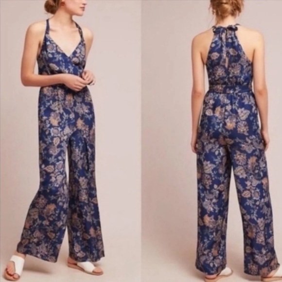 Ett Twa Anthropologie Blue Paisley Floral Jumpsuit - Picture 1 of 12
